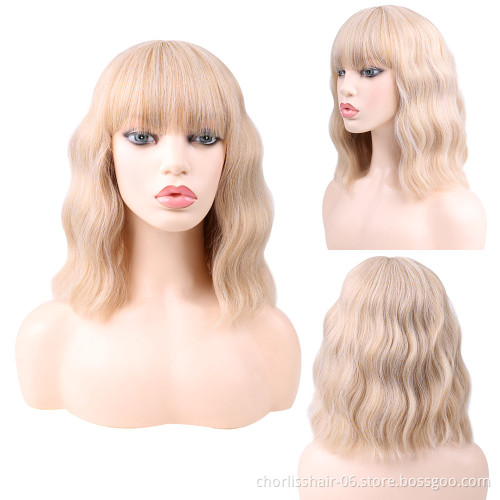 Wholesale Light Blonde Short Curly  Synthetic Bob Wigs With Bang Heat Resistant Synthetic Woman Hair Curly  Wigs For Women Party